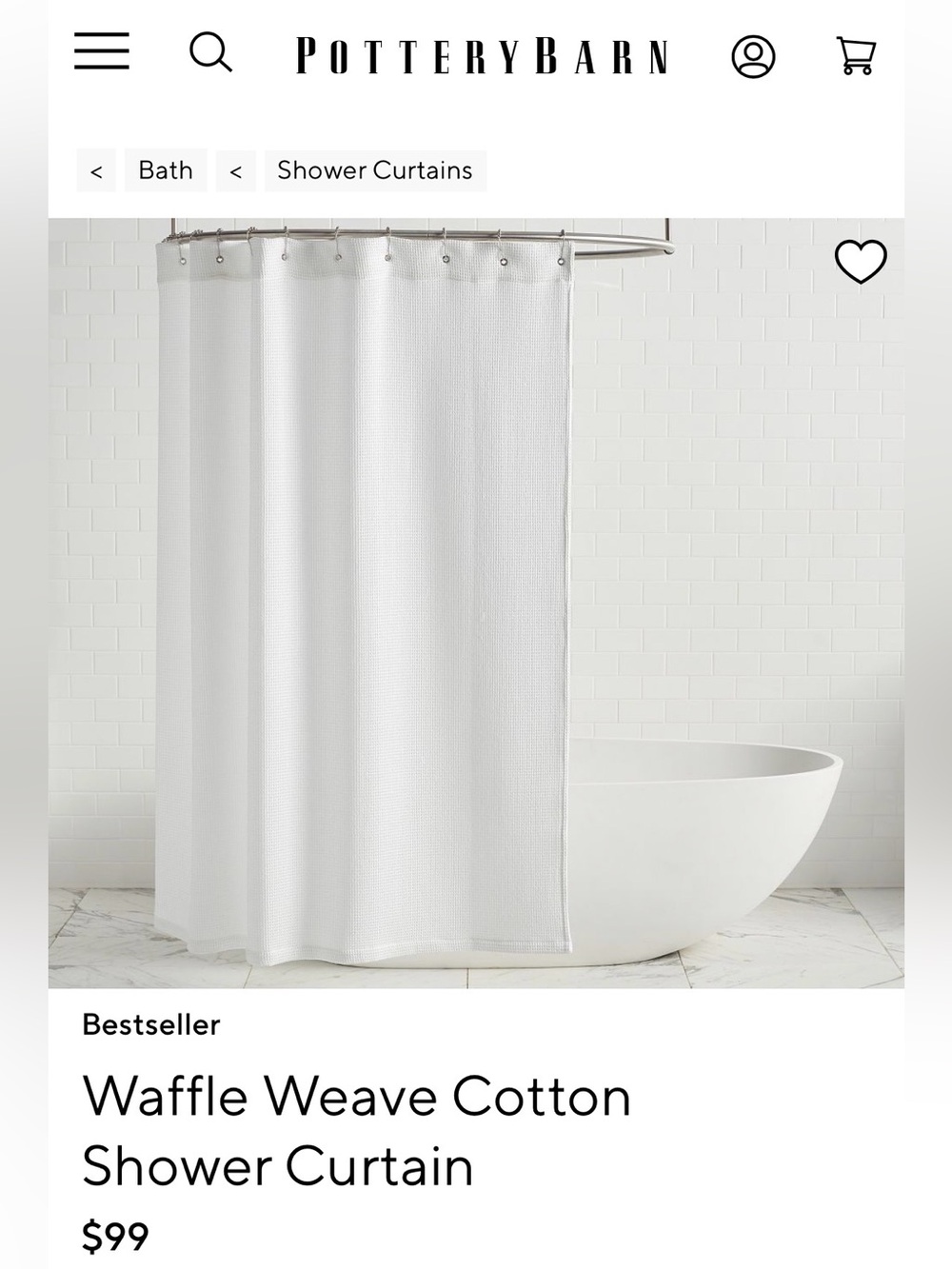 Pottery Barn waffle weave white Turkish cotton shower curtain NWOT